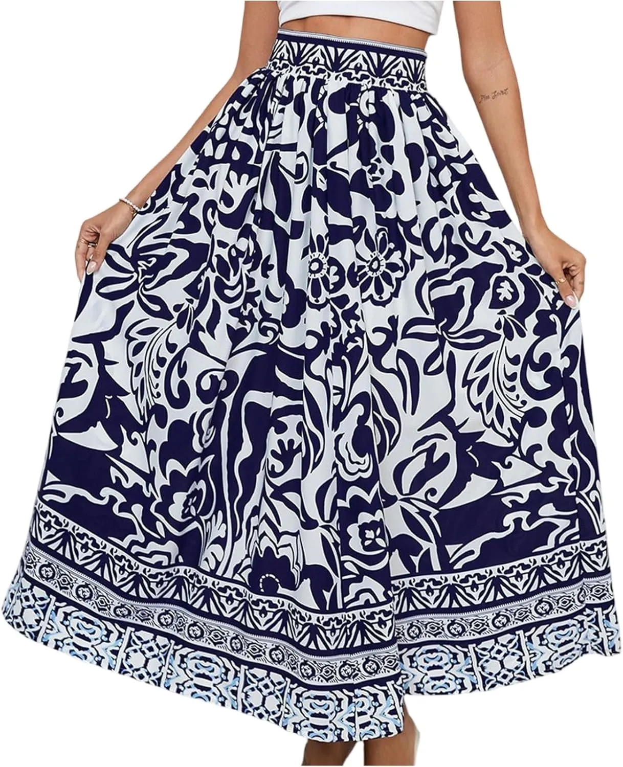 Beach Vacation Clothes for Women Summer Loose Casual Trendy Vintage Floral Printed Elastic Waist Boho Skirts, S-XL