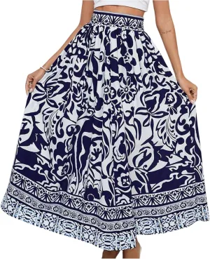 Beach Vacation Clothes for Women Summer Loose Casual Trendy Vintage Floral Printed Elastic Waist Boho Skirts, S-XL