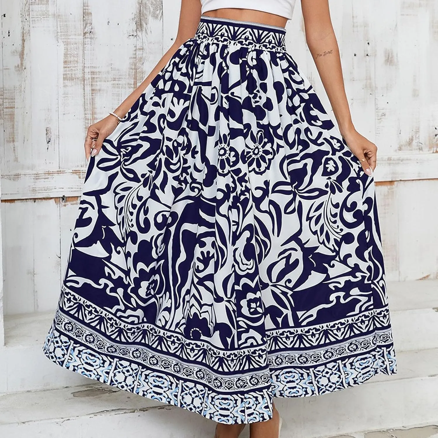 Beach Vacation Clothes for Women Summer Loose Casual Trendy Vintage Floral Printed Elastic Waist Boho Skirts, S-XL