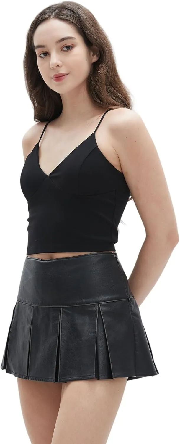 Beinia Women's PU Faux Leather Black Mini Skirt, Mid-Low Waist Short Pleated Skirt