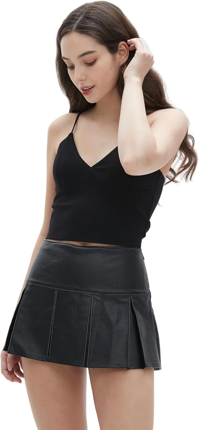 Beinia Women's PU Faux Leather Black Mini Skirt, Mid-Low Waist Short Pleated Skirt
