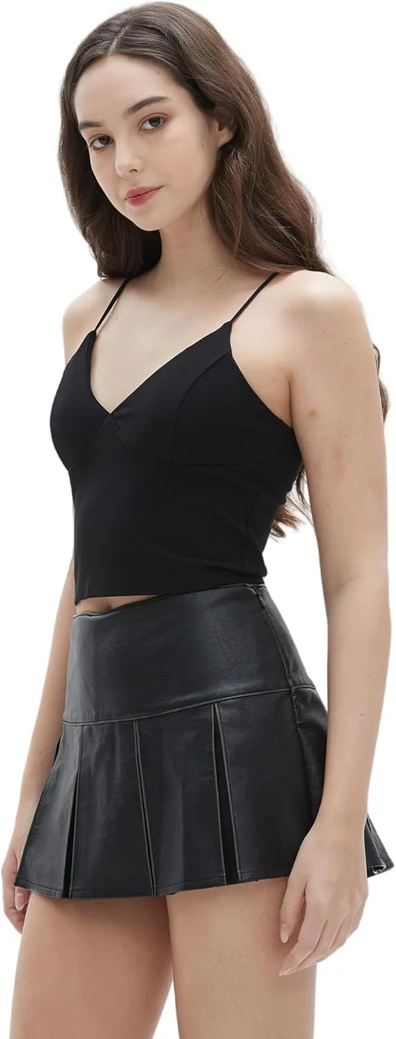 Beinia Women's PU Faux Leather Black Mini Skirt, Mid-Low Waist Short Pleated Skirt