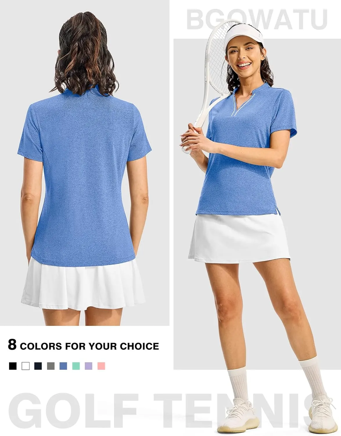 BGOWATU Women's Golf Polo Shirts Short Sleeve Collarless Y-Neck Tennis Tops Quick Dry UPF 50  Workout Shirt Lightweight