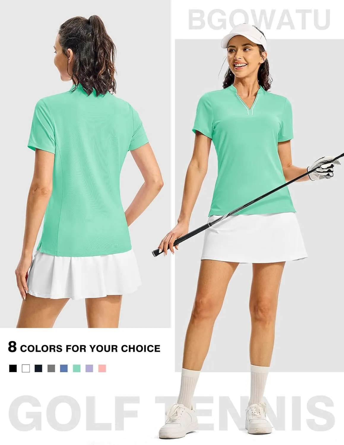 BGOWATU Women's Golf Polo Shirts Short Sleeve Collarless Y-Neck Tennis Tops Quick Dry UPF 50  Workout Shirt Lightweight