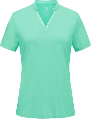 BGOWATU Women's Golf Polo Shirts Short Sleeve Collarless Y-Neck Tennis Tops Quick Dry UPF 50  Workout Shirt Lightweight