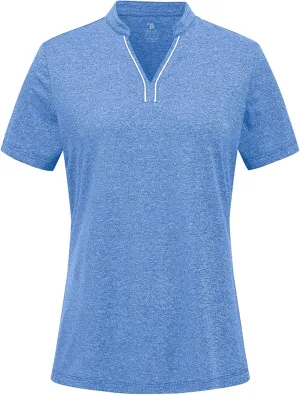 BGOWATU Women's Golf Polo Shirts Short Sleeve Collarless Y-Neck Tennis Tops Quick Dry UPF 50  Workout Shirt Lightweight