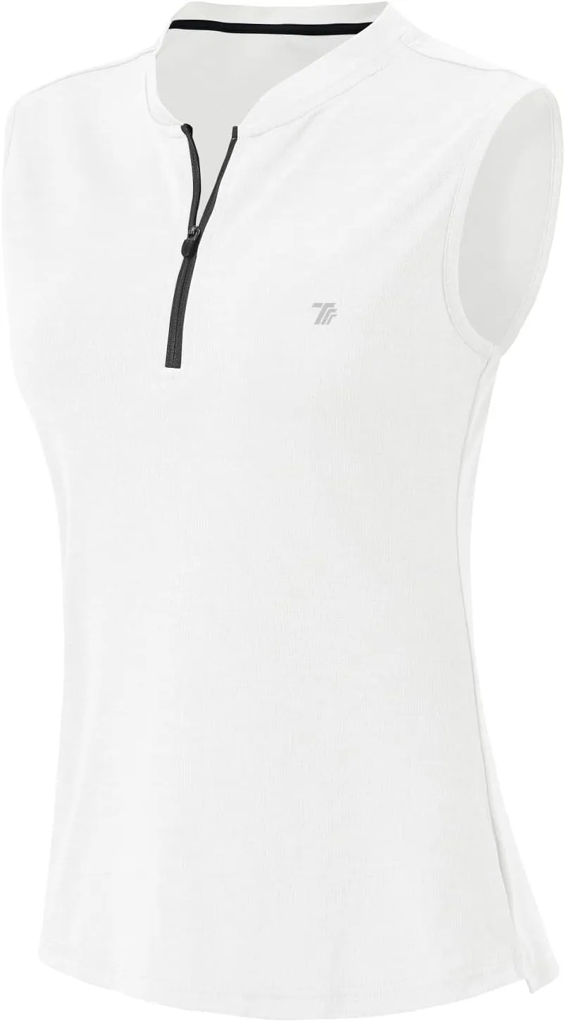 BGOWATU Women's Golf Polo Shirts Sleeveless Zip Up Collarless UPF 50  Tennis T-Shirt Lightweight Quick Dry