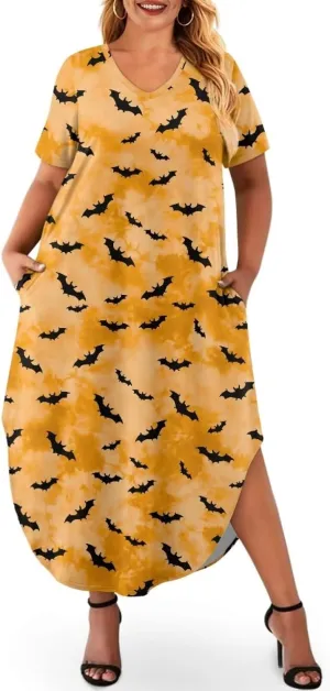 Binienty Women's Split Maxi Dress Plus Size Short Sleeve V-Neck Dresses Casual Beach Party Sundress Holiday Costume