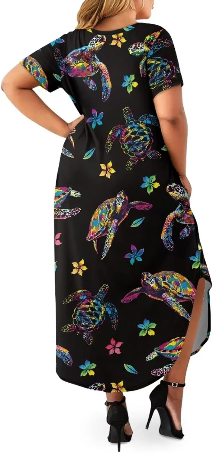 Binienty Women's Split Maxi Dress Plus Size Short Sleeve V-Neck Dresses Casual Beach Party Sundress Holiday Costume
