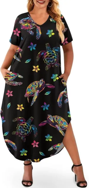 Binienty Women's Split Maxi Dress Plus Size Short Sleeve V-Neck Dresses Casual Beach Party Sundress Holiday Costume