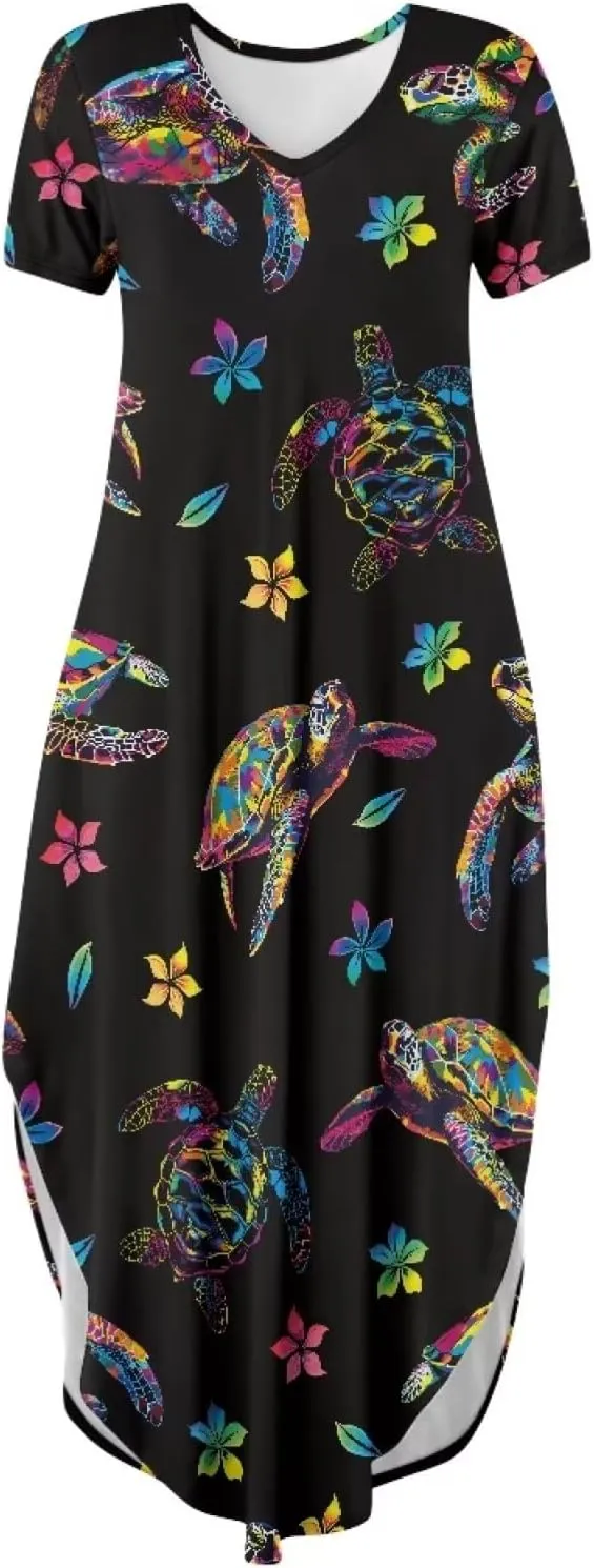 Binienty Women's Split Maxi Dress Plus Size Short Sleeve V-Neck Dresses Casual Beach Party Sundress Holiday Costume