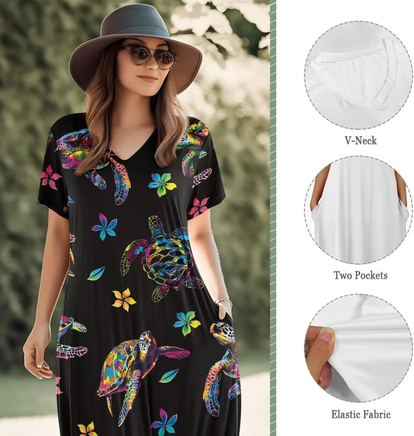 Binienty Women's Split Maxi Dress Plus Size Short Sleeve V-Neck Dresses Casual Beach Party Sundress Holiday Costume