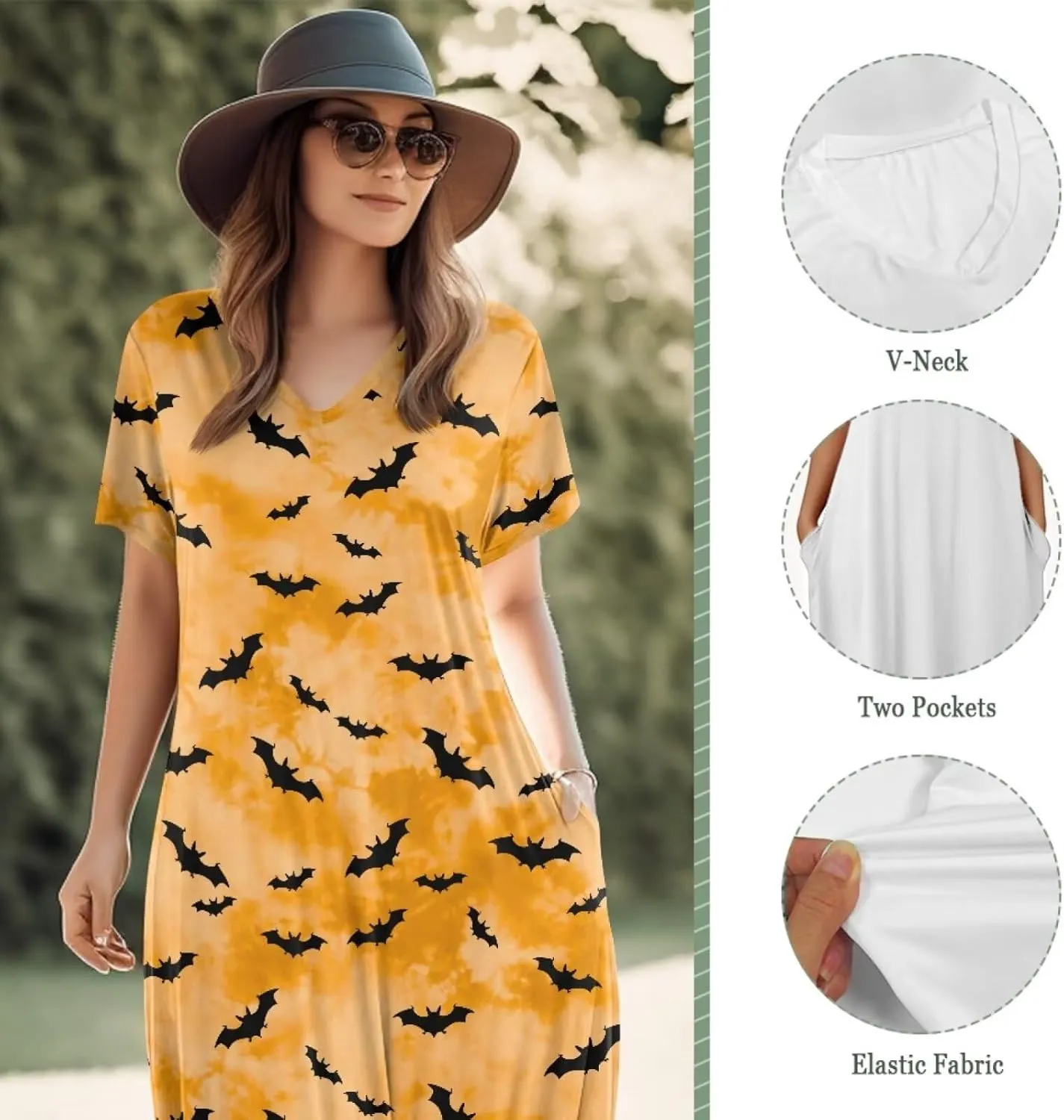 Binienty Women's Split Maxi Dress Plus Size Short Sleeve V-Neck Dresses Casual Beach Party Sundress Holiday Costume