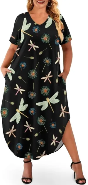 Binienty Women's Split Maxi Dress Plus Size Short Sleeve V-Neck Dresses Casual Beach Party Sundress Holiday Costume