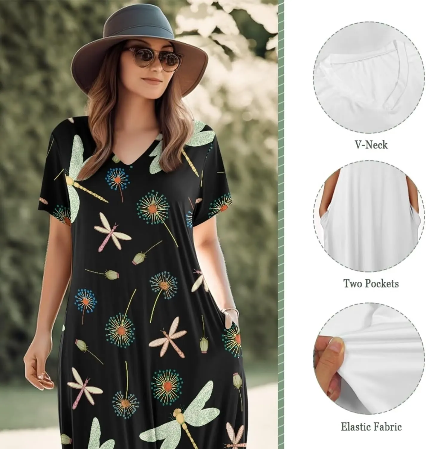 Binienty Women's Split Maxi Dress Plus Size Short Sleeve V-Neck Dresses Casual Beach Party Sundress Holiday Costume