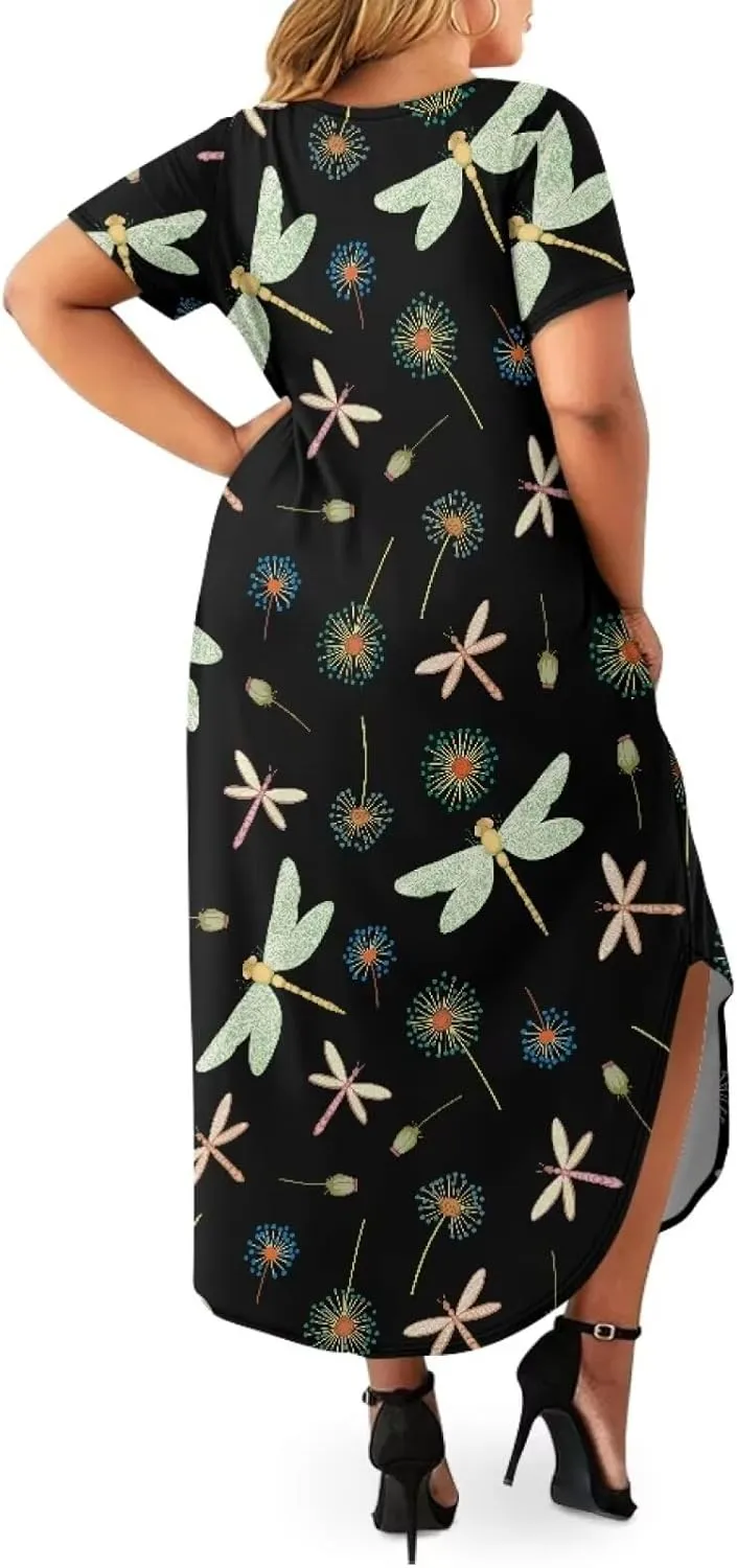 Binienty Women's Split Maxi Dress Plus Size Short Sleeve V-Neck Dresses Casual Beach Party Sundress Holiday Costume