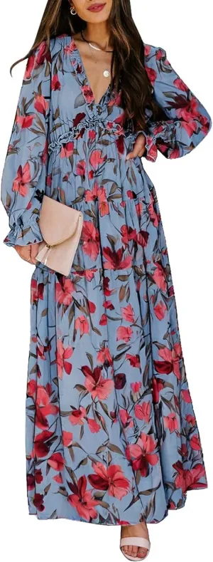 BLENCOT Womens Casual Boho Deep V Neck Short Sleeve Long Dress
