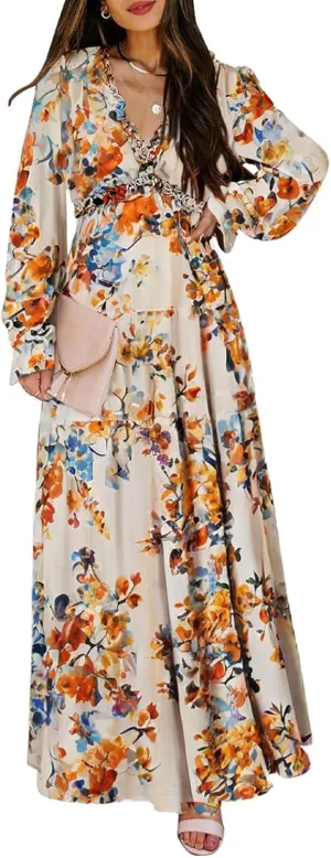 BLENCOT Womens Casual Boho Deep V Neck Short Sleeve Long Dress