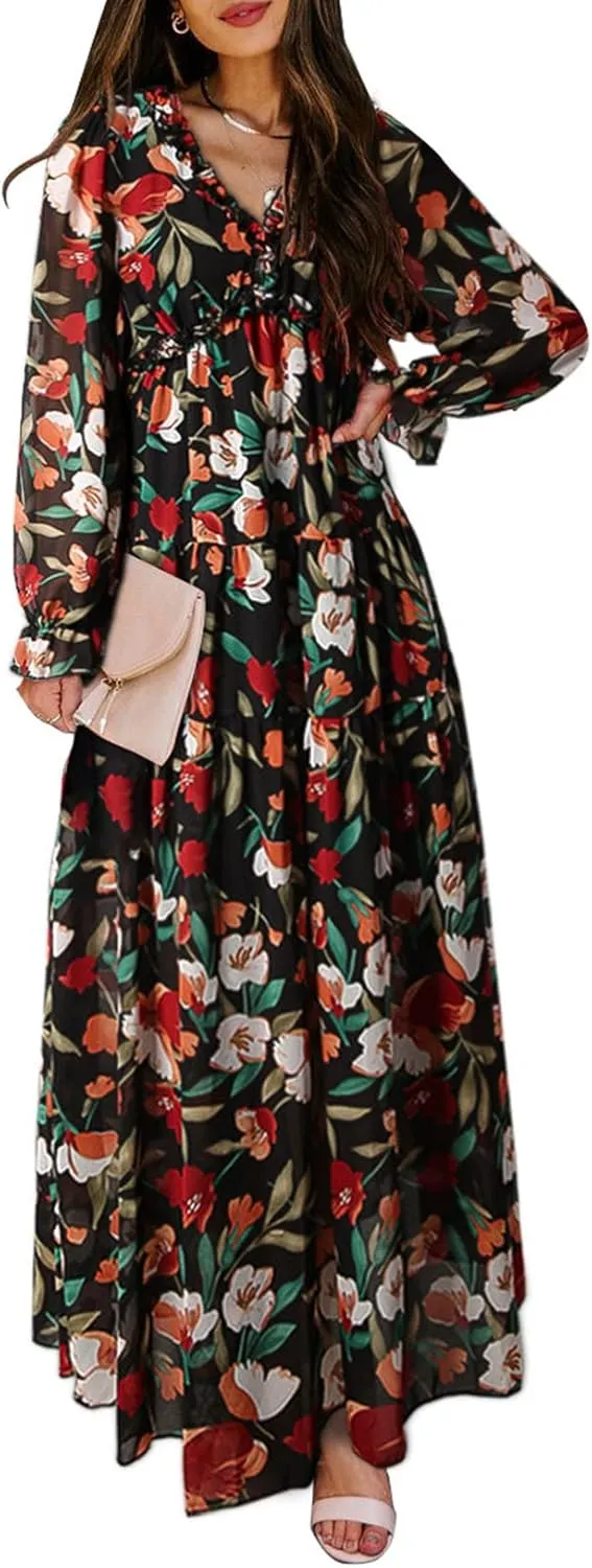 BLENCOT Womens Casual Boho Deep V Neck Short Sleeve Long Dress