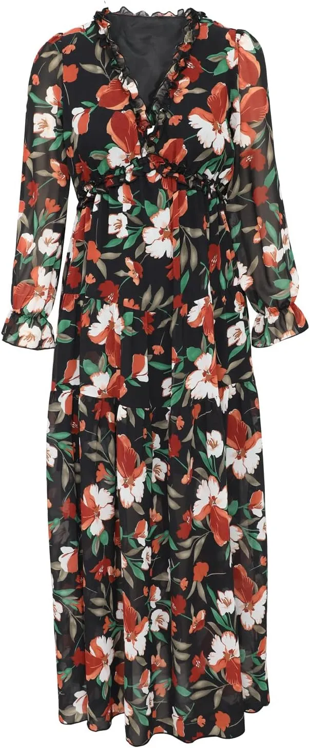 BLENCOT Womens Casual Boho Deep V Neck Short Sleeve Long Dress