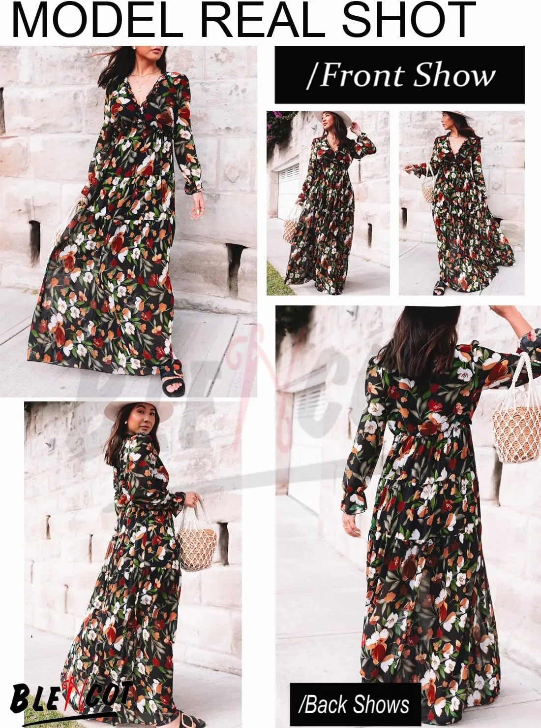 BLENCOT Womens Casual Boho Deep V Neck Short Sleeve Long Dress