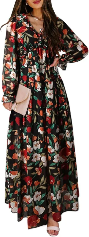 BLENCOT Womens Casual Boho Deep V Neck Short Sleeve Long Dress