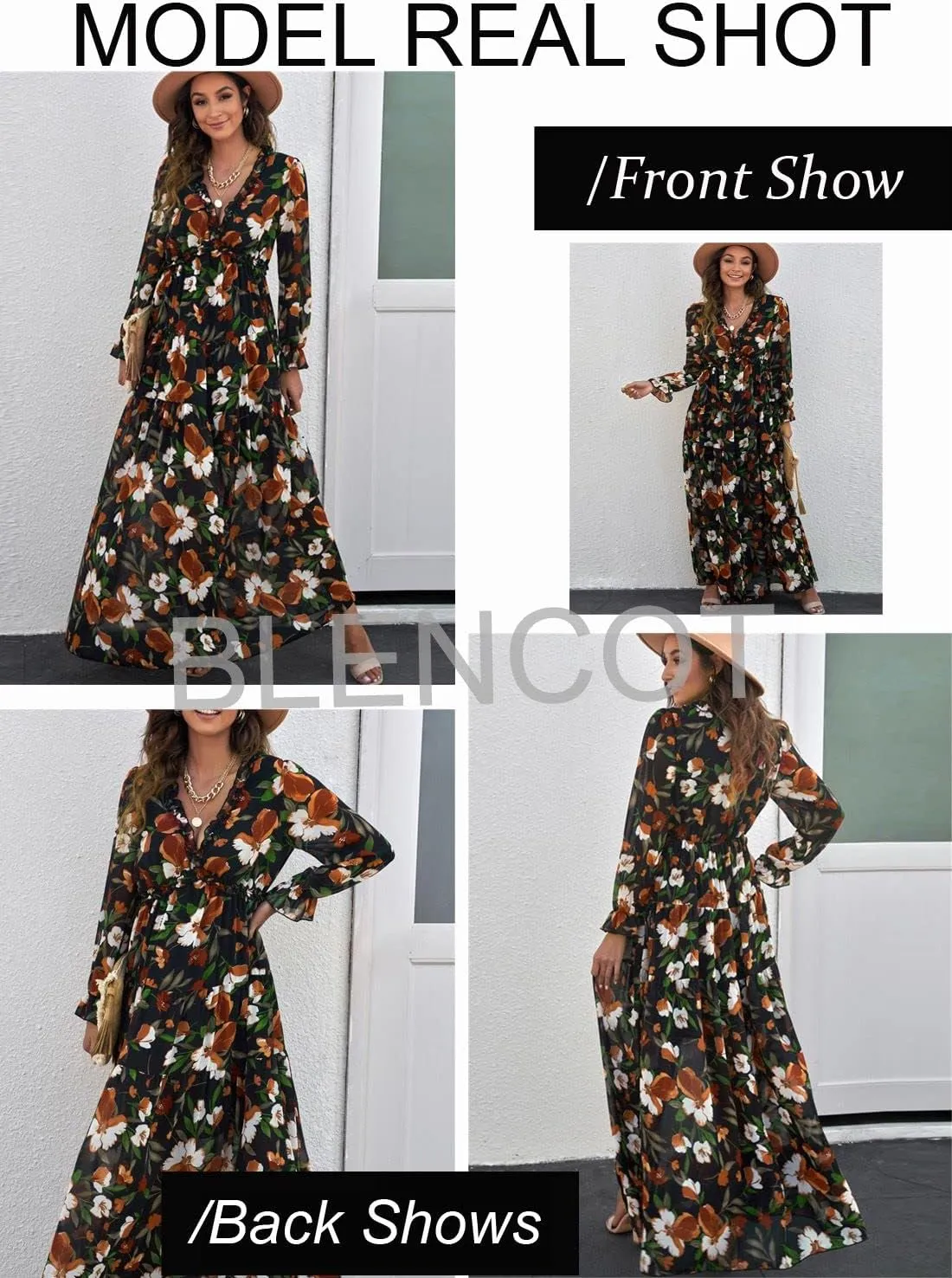 BLENCOT Womens Casual Boho Deep V Neck Short Sleeve Long Dress
