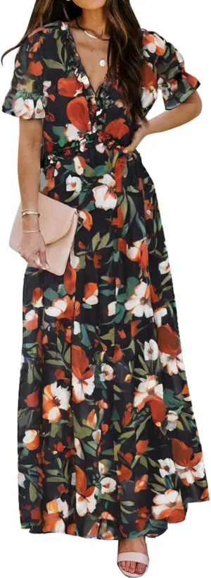 BLENCOT Womens Casual Boho Floral Printed V Neck Short Sleeve Long Evening Dress Ruched Cocktail Party Maxi Wedding Dress