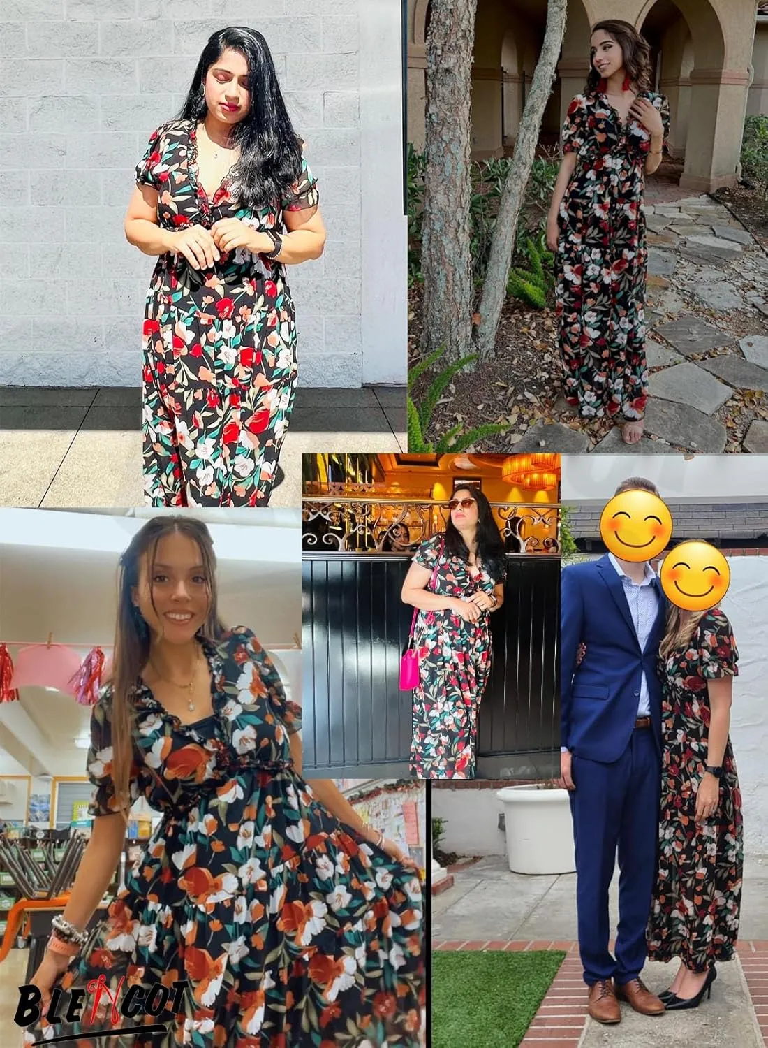 BLENCOT Womens Casual Boho Floral Printed V Neck Short Sleeve Long Evening Dress Ruched Cocktail Party Maxi Wedding Dress