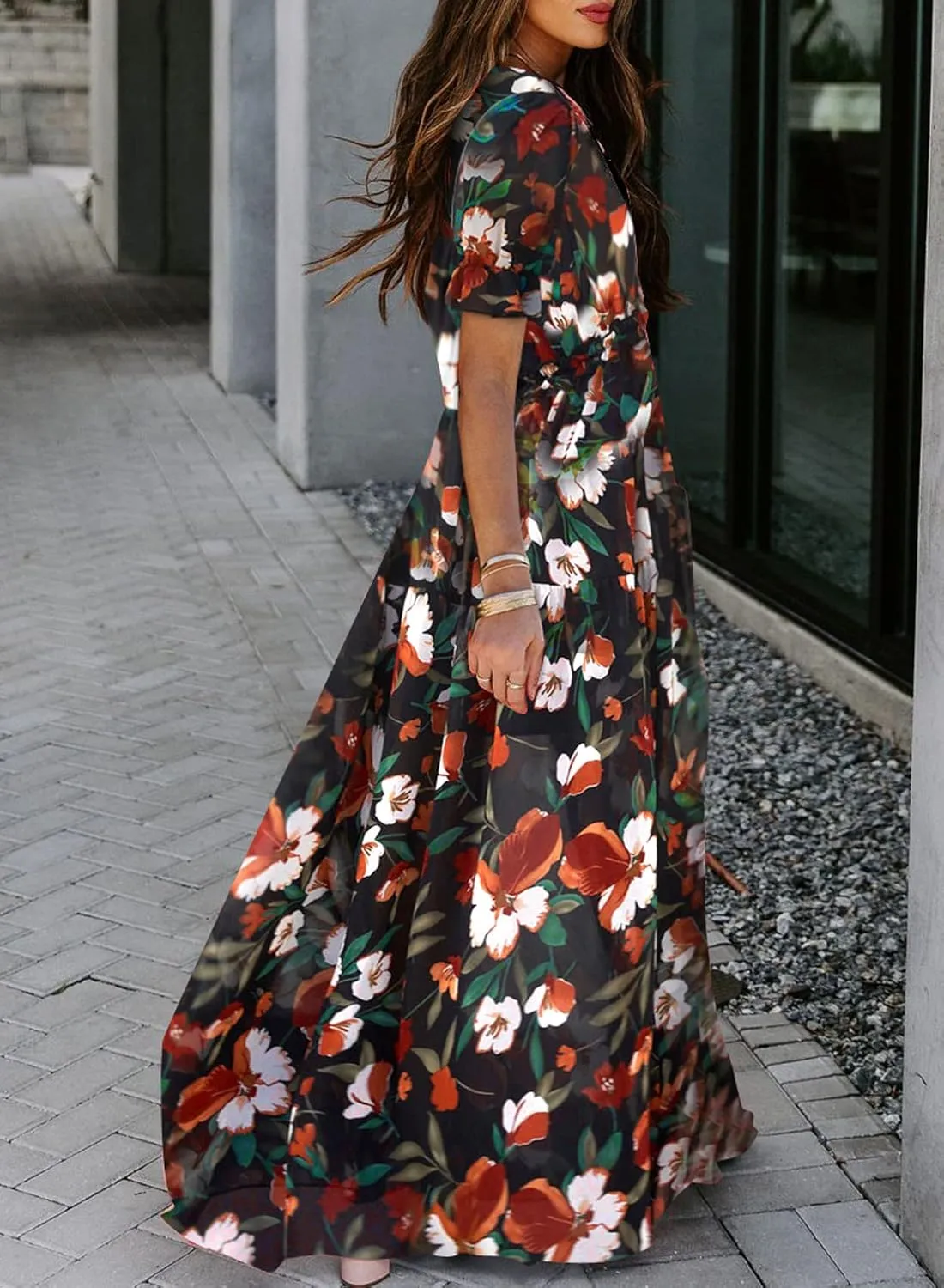 BLENCOT Womens Casual Boho Floral Printed V Neck Short Sleeve Long Evening Dress Ruched Cocktail Party Maxi Wedding Dress