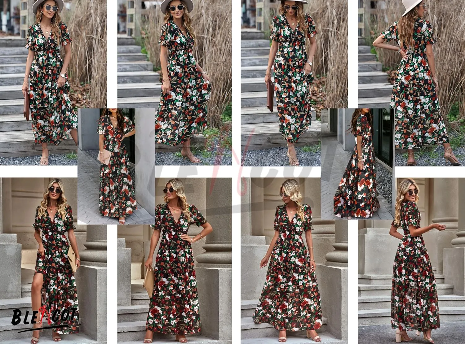 BLENCOT Womens Casual Boho Floral Printed V Neck Short Sleeve Long Evening Dress Ruched Cocktail Party Maxi Wedding Dress