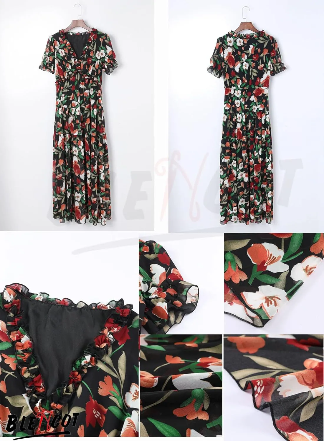 BLENCOT Womens Casual Boho Floral Printed V Neck Short Sleeve Long Evening Dress Ruched Cocktail Party Maxi Wedding Dress
