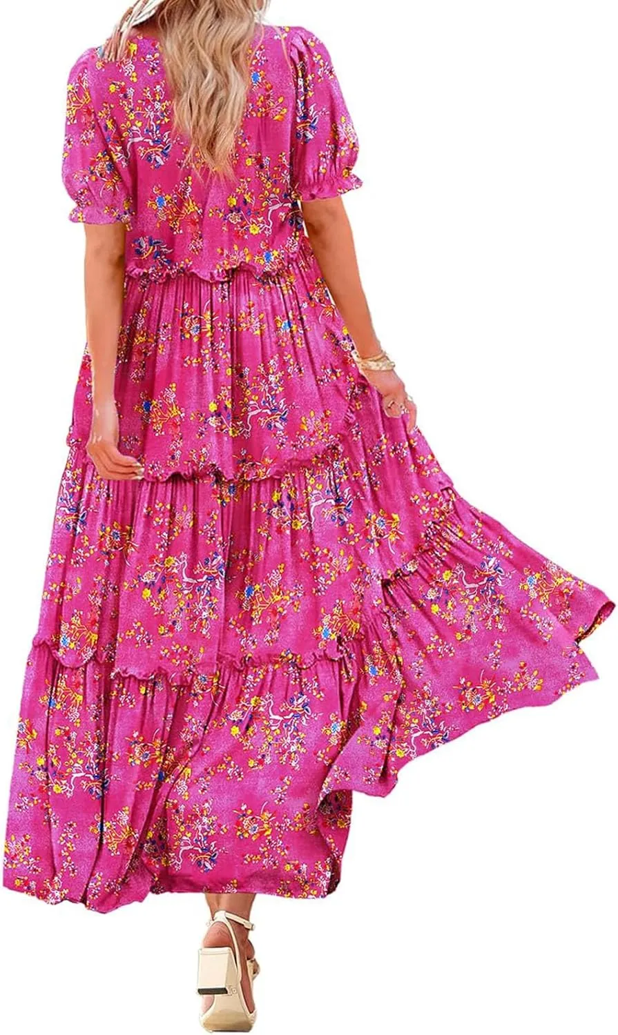 Bohemian Floral Dresses for Women Summer Crewneck Puff Short Sleeve Long Midi Dress 2025 Flowy Swing Dresses
