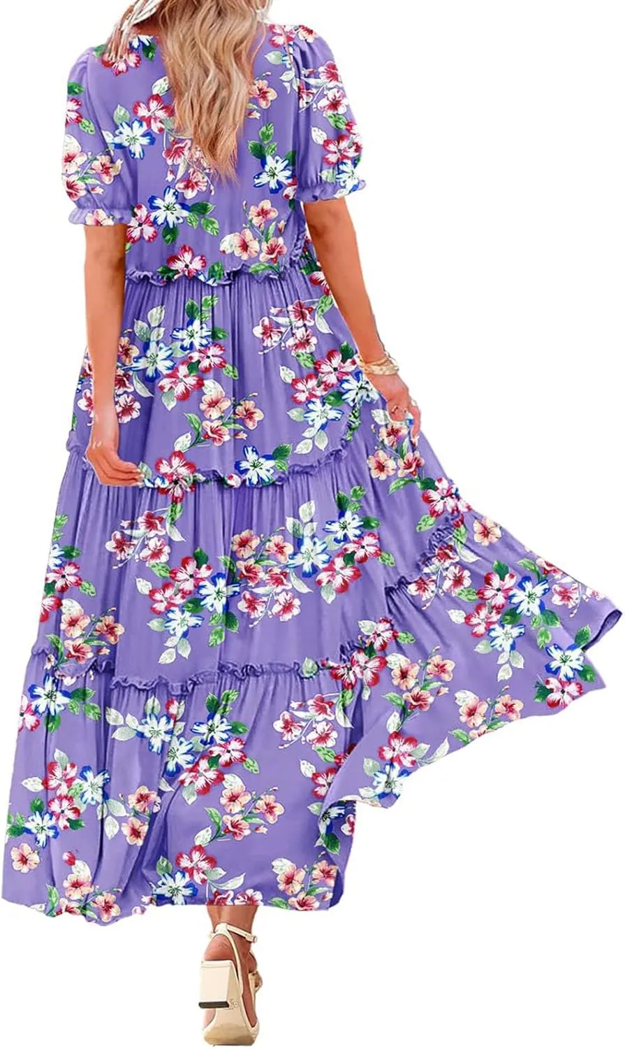Bohemian Floral Dresses for Women Summer Crewneck Puff Short Sleeve Long Midi Dress 2025 Flowy Swing Dresses
