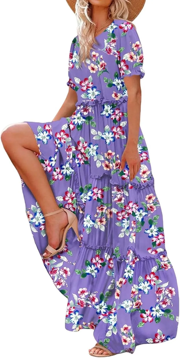 Bohemian Floral Dresses for Women Summer Crewneck Puff Short Sleeve Long Midi Dress 2025 Flowy Swing Dresses
