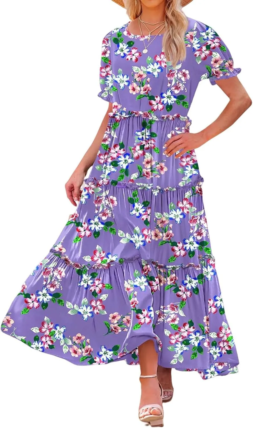 Bohemian Floral Dresses for Women Summer Crewneck Puff Short Sleeve Long Midi Dress 2025 Flowy Swing Dresses