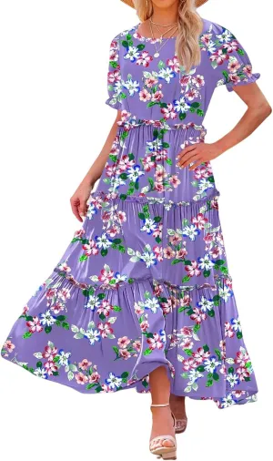 Bohemian Floral Dresses for Women Summer Crewneck Puff Short Sleeve Long Midi Dress 2025 Flowy Swing Dresses