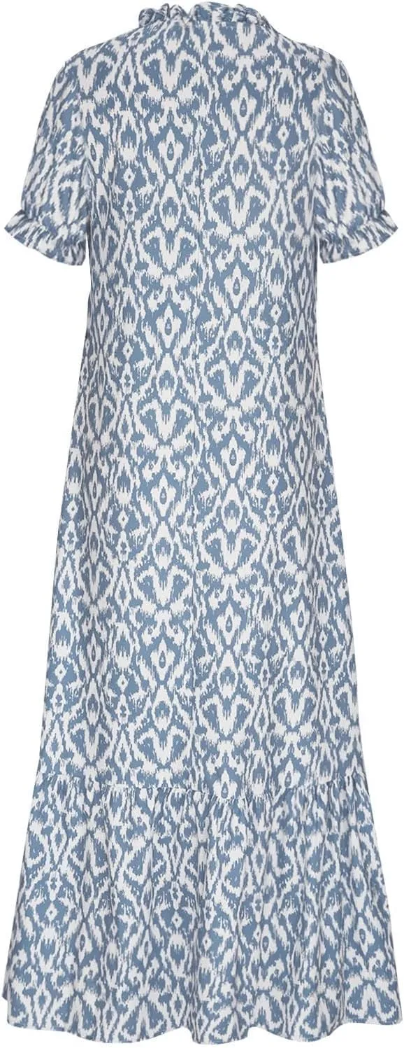Boho Floral Dress for Women Summer Casual V Neck Ruffle Maxi A Line Flowy Beach Dress Wedding Guest Dresses