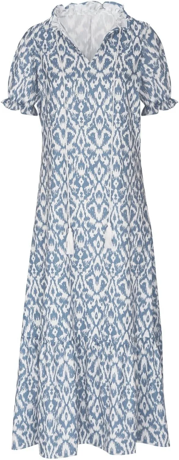 Boho Floral Dress for Women Summer Casual V Neck Ruffle Maxi A Line Flowy Beach Dress Wedding Guest Dresses