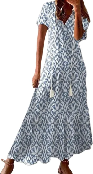 Boho Floral Dress for Women Summer Casual V Neck Ruffle Maxi A Line Flowy Beach Dress Wedding Guest Dresses