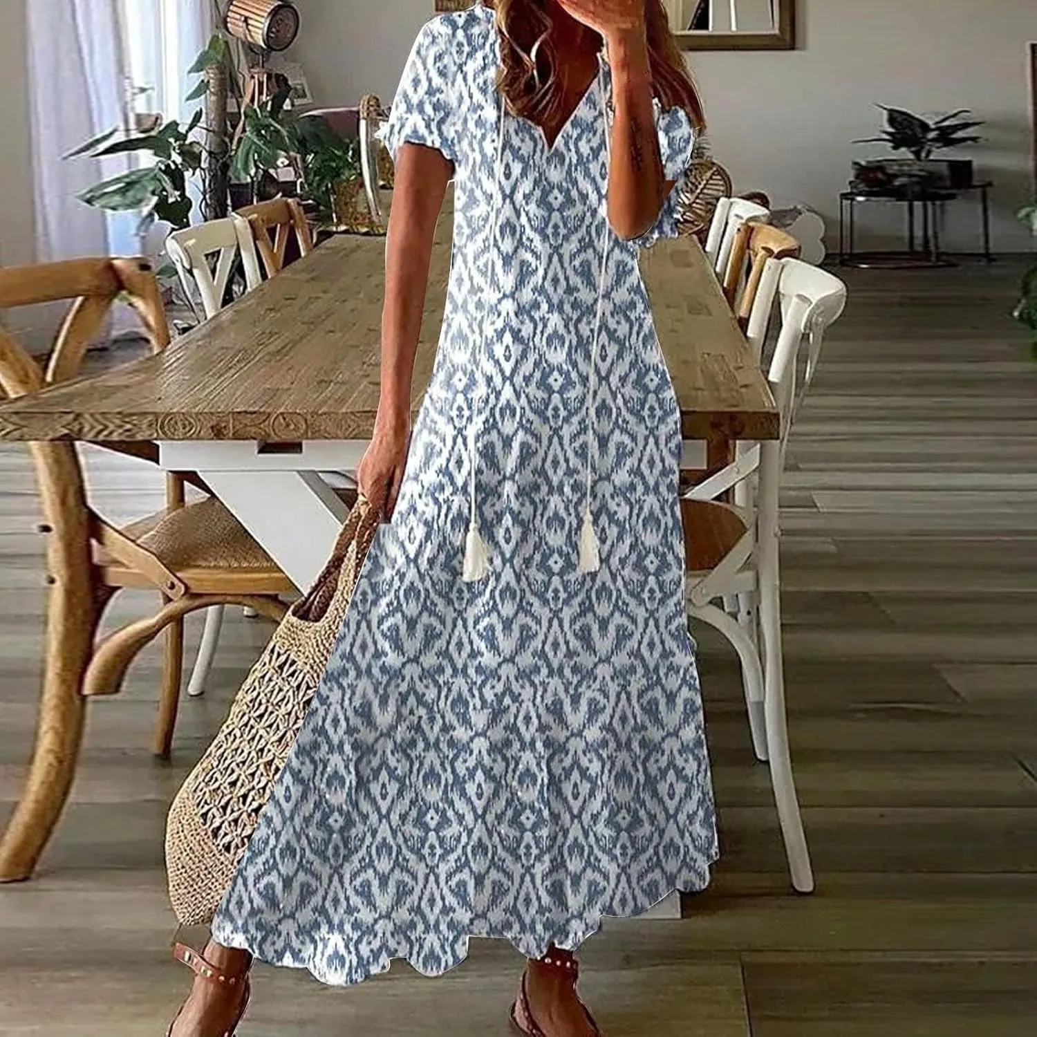 Boho Floral Dress for Women Summer Casual V Neck Ruffle Maxi A Line Flowy Beach Dress Wedding Guest Dresses
