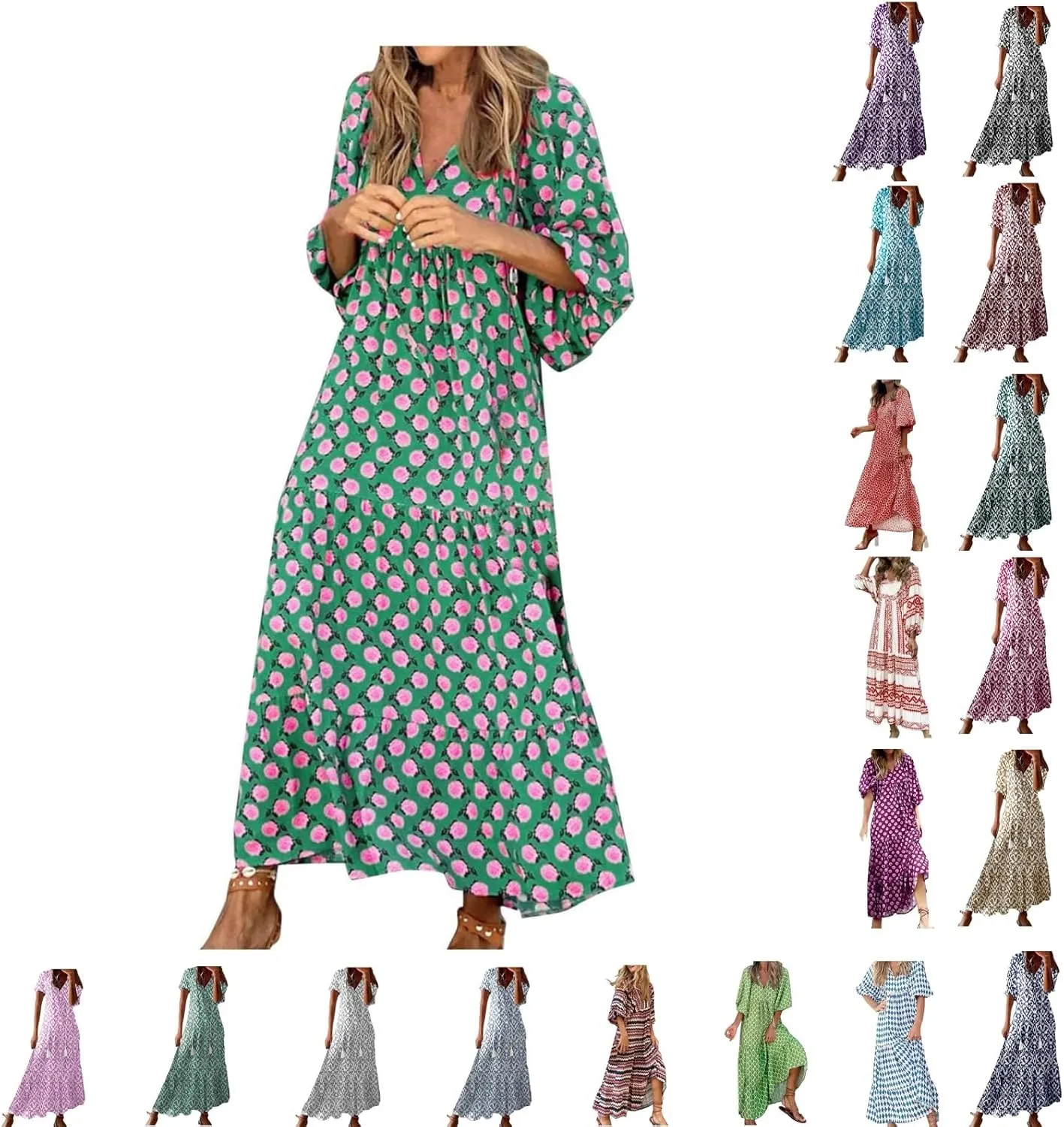 Boho Floral Dress for Women Summer Casual V Neck Ruffle Maxi A Line Flowy Beach Dress Wedding Guest Dresses
