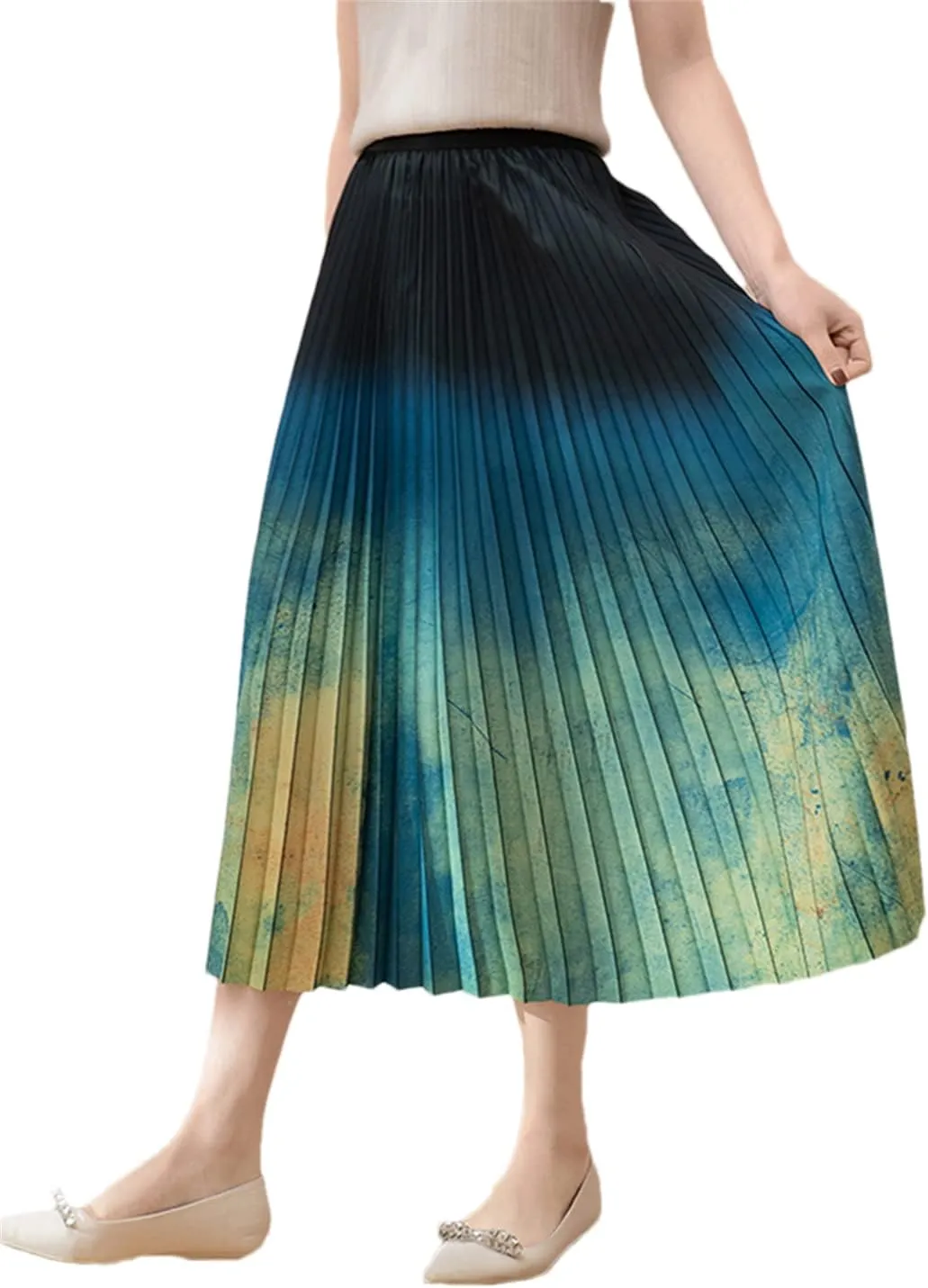 Butterfly Print Pleated Long Skirt Women Spring Summer A Line High Waist Midi Skirt