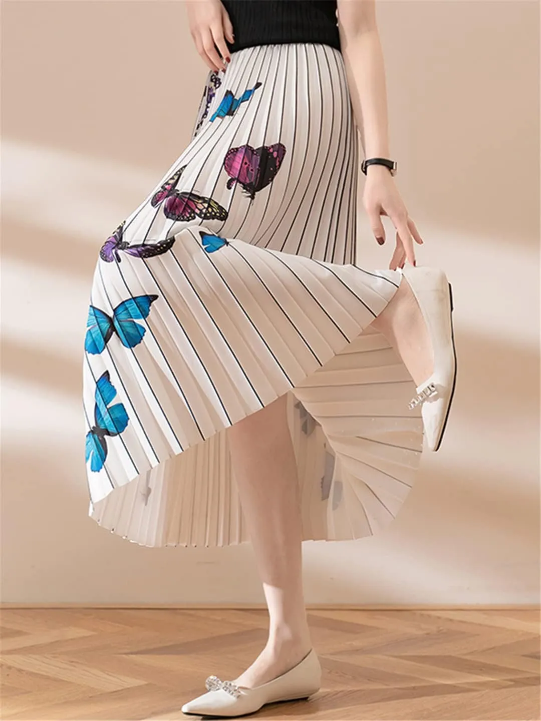 Butterfly Print Pleated Long Skirt Women Spring Summer A Line High Waist Midi Skirt