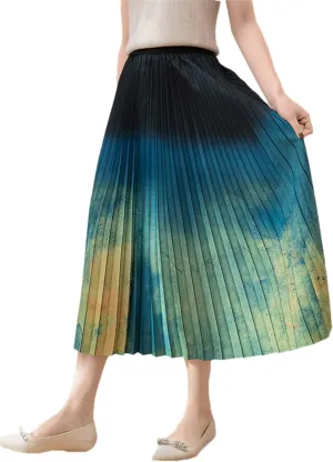 Butterfly Print Pleated Long Skirt Women Spring Summer A Line High Waist Midi Skirt