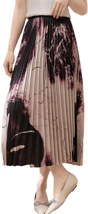 Butterfly Print Pleated Long Skirt Women Spring Summer A Line High Waist Midi Skirt
