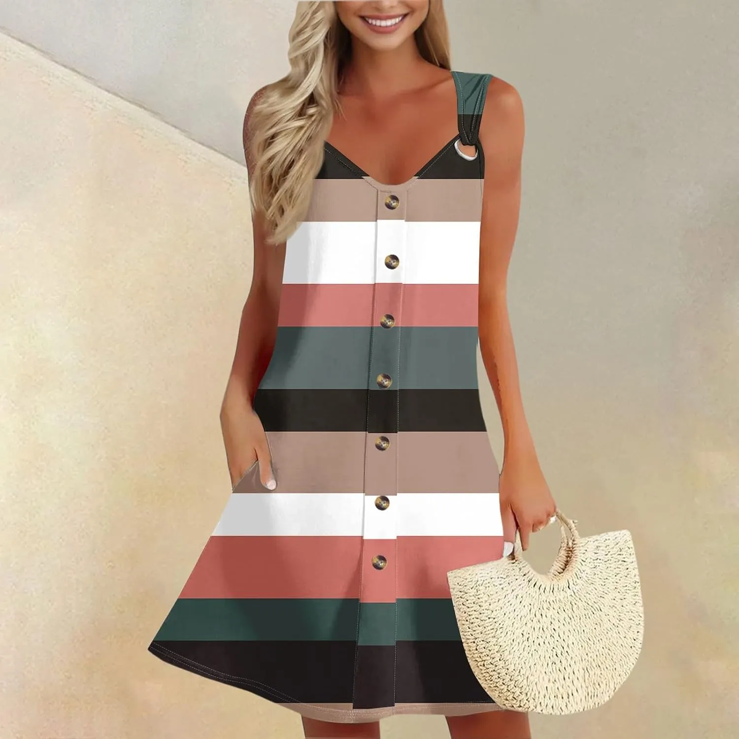 Button Down Sundress for Women 2025 Summer Sleeveless Floral Print Dresses Casual A Line Pleated Dress with Pocket