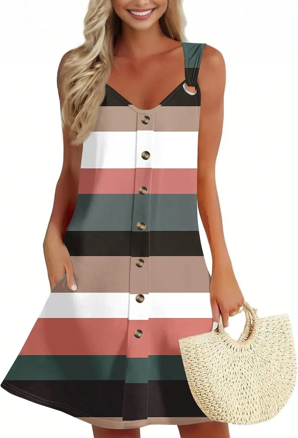 Button Down Sundress for Women 2025 Summer Sleeveless Floral Print Dresses Casual A Line Pleated Dress with Pocket