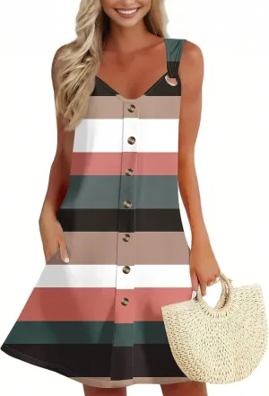 Button Down Sundress for Women 2025 Summer Sleeveless Floral Print Dresses Casual A Line Pleated Dress with Pocket