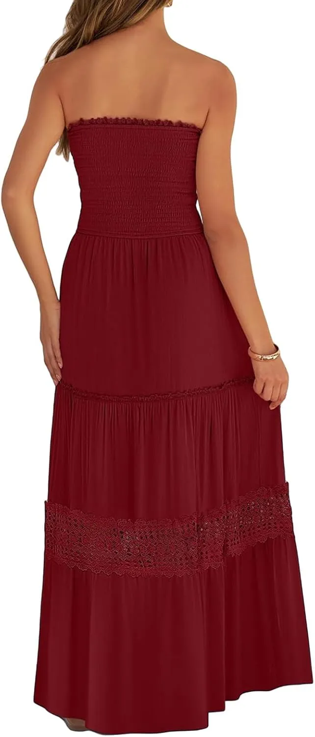 Canbebig Maxi Dresses for Women Bohemian Strapless Off Shoulder Dresses Backless Long Dress Flowy A Line Beach Sundress